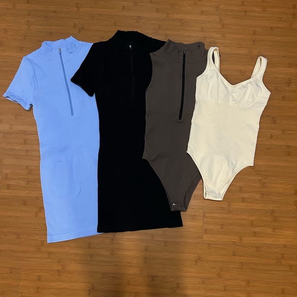 OQQ Tops - Dress and Bodysuit Bundle - Black, Cream, Blue, and Brown